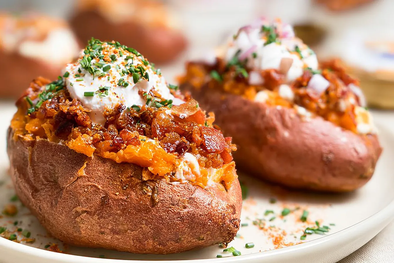 Loaded Baked Sweet Potatoes with Toppings