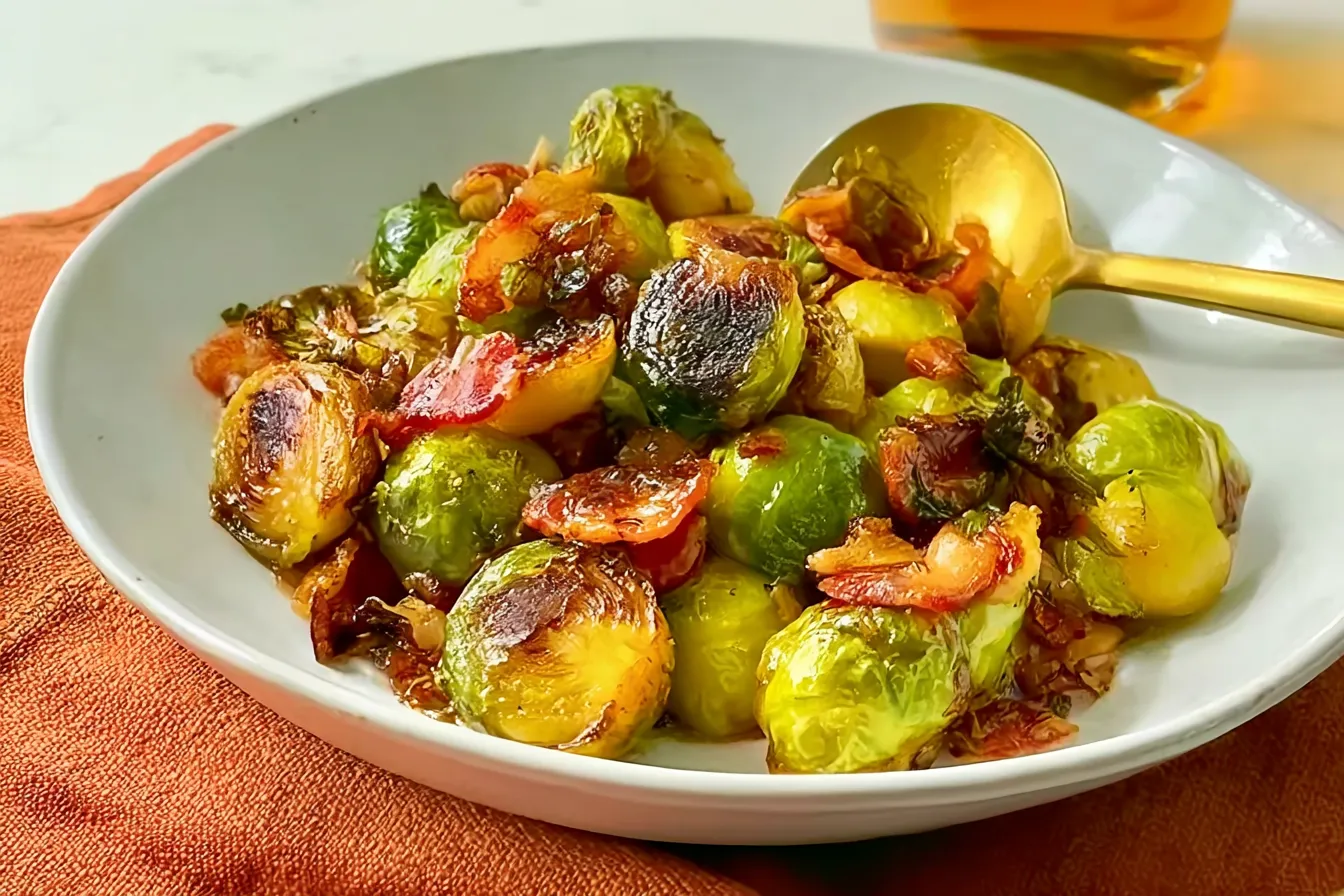 Maple Bacon Brussels Sprouts on a rustic plate