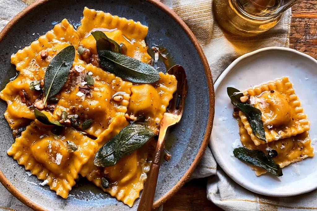 Homemade Pumpkin Ravioli Plated with Sage Butter