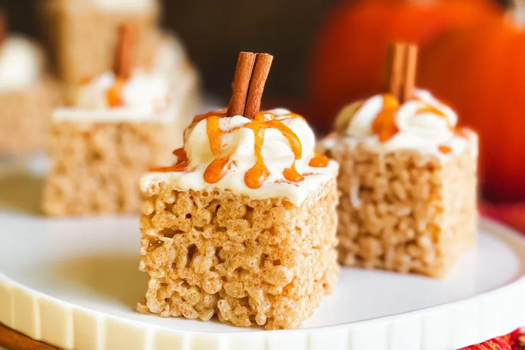 Pumpkin Spice Rice Krispie Treats on a Fall-Themed Plate