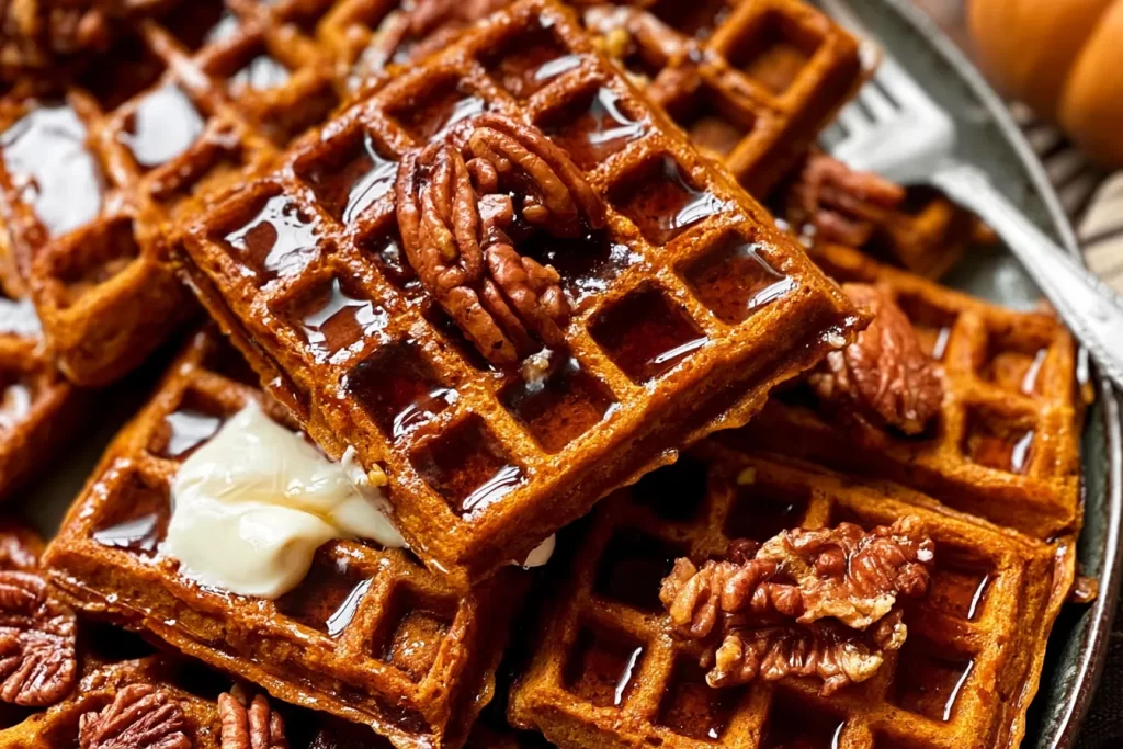 Delicious Pumpkin Waffles Served with Maple Syrup