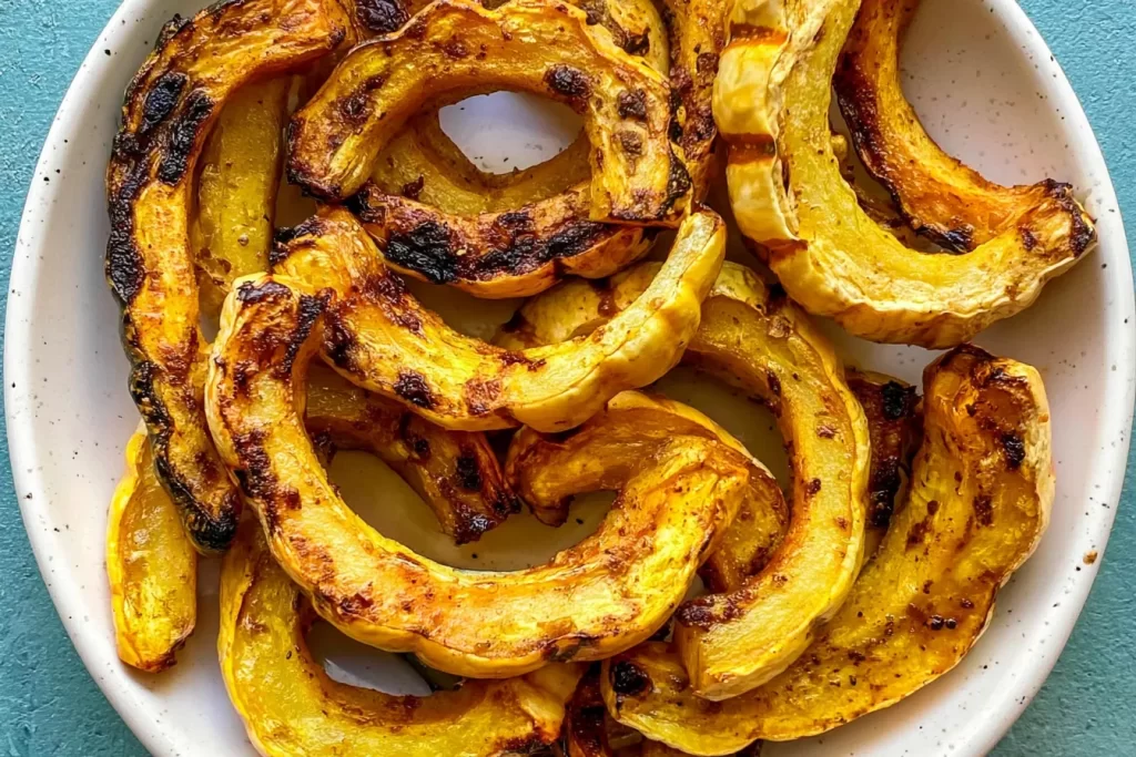 Roasted Delicata Squash Slices on a Rustic Plate
