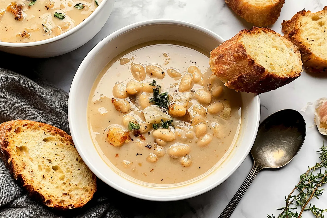 Delicious Roasted Garlic White Bean Soup in a Bowl