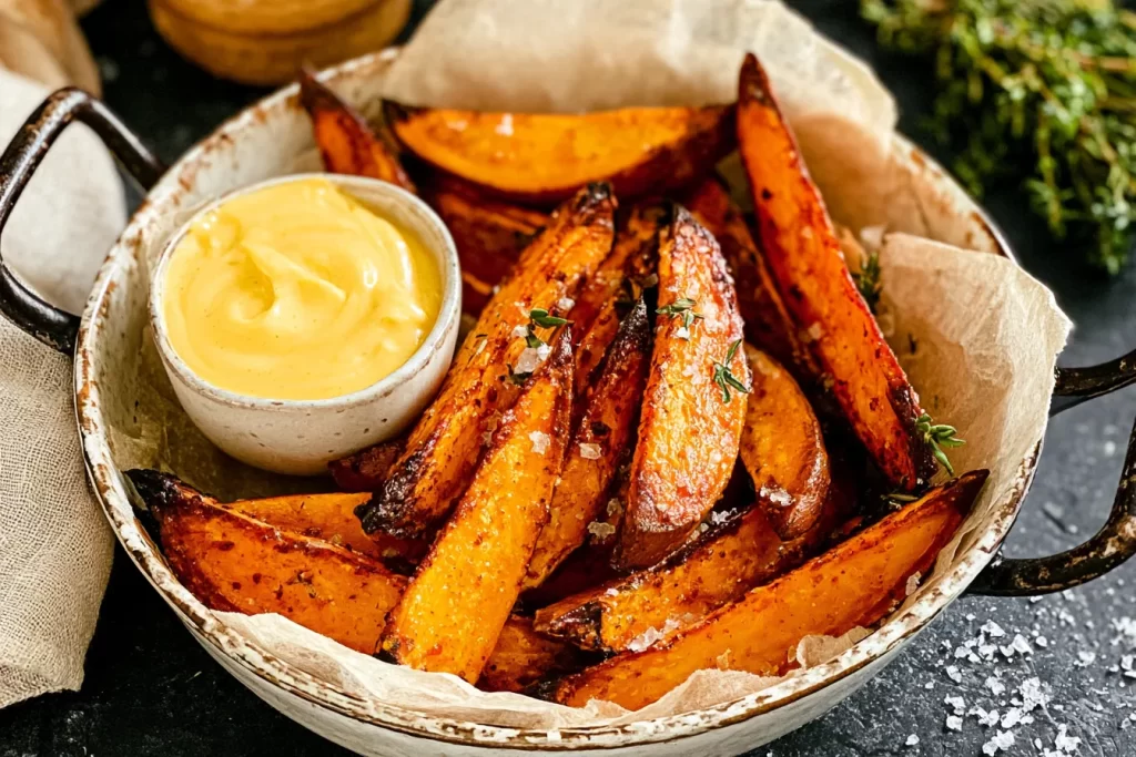 Crispy Roasted Sweet Potato Wedges on a Serving Plate