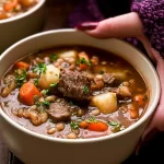 Slow Cooker Beef and Barley Soup in a Bowl