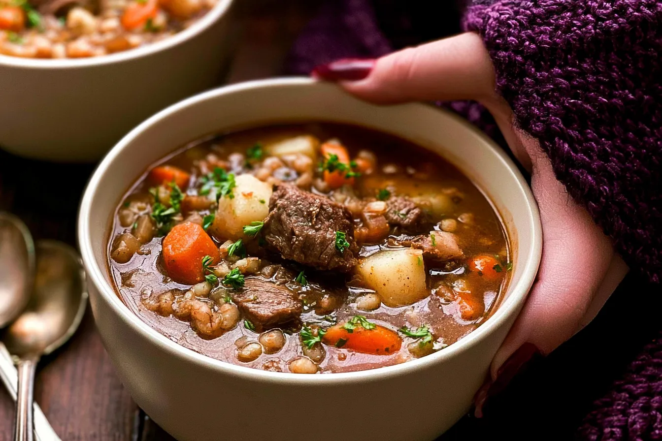 Slow Cooker Beef and Barley Soup in a Bowl
