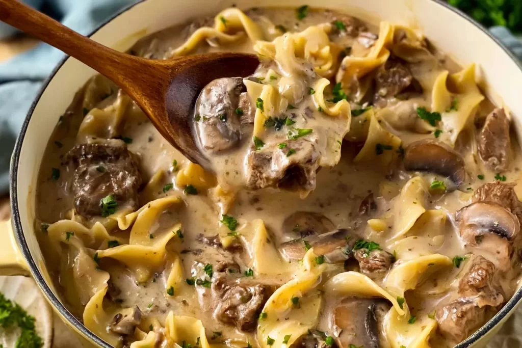 Delicious Slow Cooker Beef Stroganoff in a Bowl