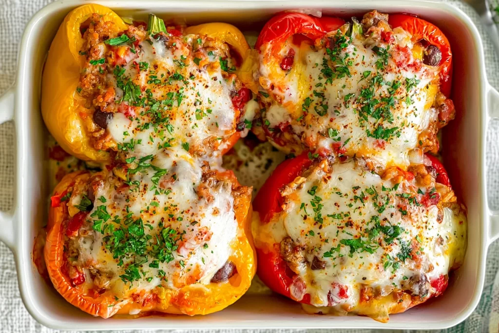 Turkey Chili Stuffed Peppers Ready to Serve